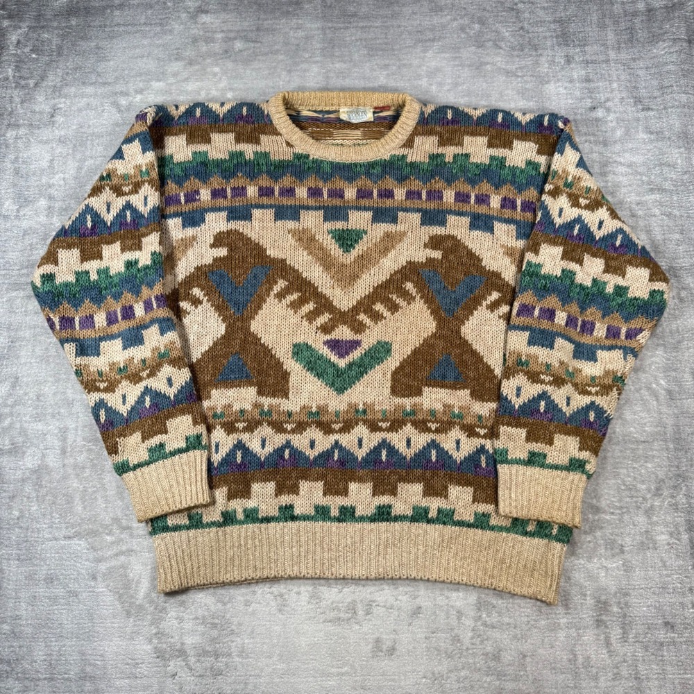 Frankenmuth Woolen Mill Sweater Mens Large Southwestern Thunderbird Aztec Knit